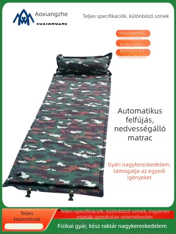 Soar Kamuflált mintázatú automatikusan felfújható nedvességálló alátét kempingezéshez és vészhelyzeti képzéshez — 210T poliészter, 1 személy, 1,5 kg, automatikus felfújás