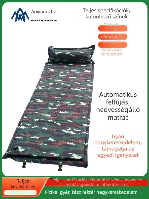 Soar Kamuflált mintázatú automatikusan felfújható nedvességálló alátét kempingezéshez és vészhelyzeti képzéshez — 210T poliészter, 1 személy, 1,5 kg, automatikus felfújás