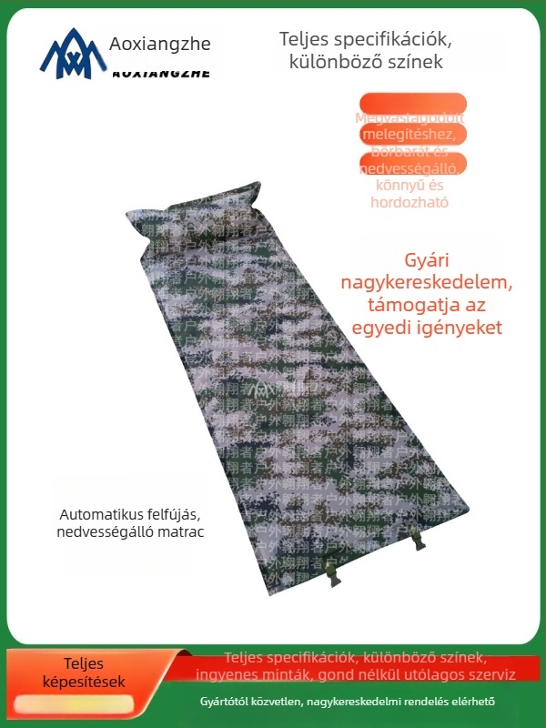 Soar Kamuflált mintázatú automatikusan felfújható nedvességálló alátét kempingezéshez és vészhelyzeti képzéshez — 210T poliészter, 1 személy, 1,5 kg, automatikus felfújás