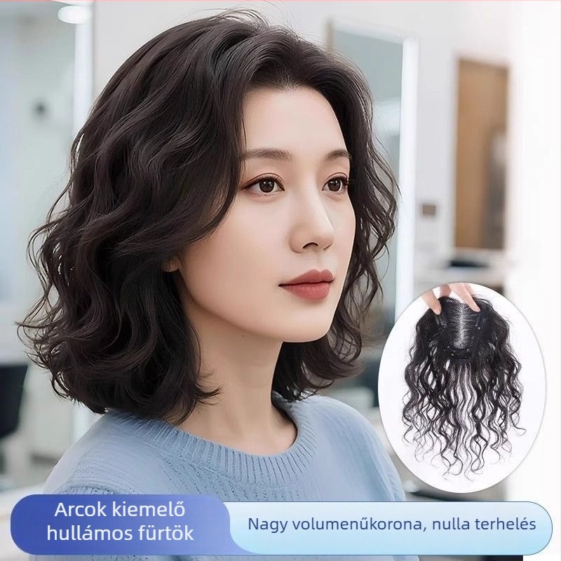 Paróka darab - él nélküli, göndör, női fejre illeszkedő, természetes hajból, kézzel szőtt, hangerő növelő