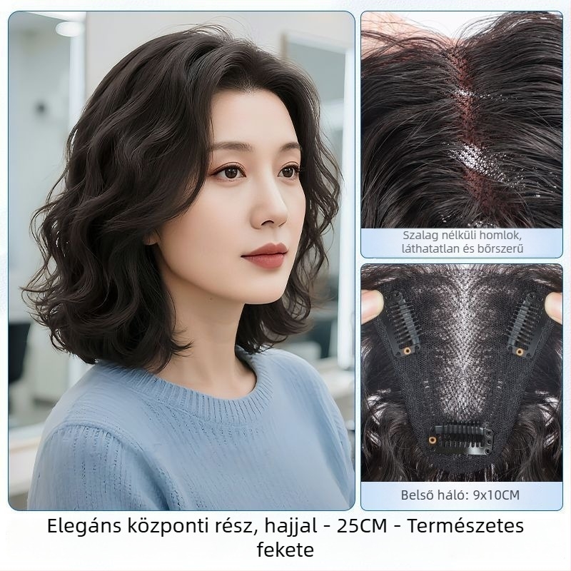 Paróka darab - él nélküli, göndör, női fejre illeszkedő, természetes hajból, kézzel szőtt, hangerő növelő