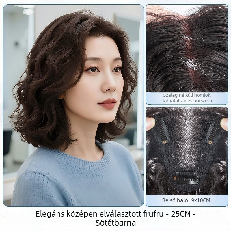 Paróka darab - él nélküli, göndör, női fejre illeszkedő, természetes hajból, kézzel szőtt, hangerő növelő