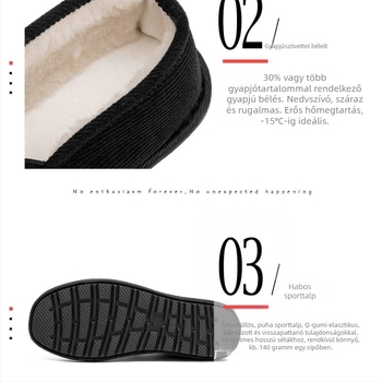 Téli vászoncipő gyapjú-béléssel, kerek orr, műszálas plüss felsőrész, habgumi talp, alacsony sarok, csúszásmentes