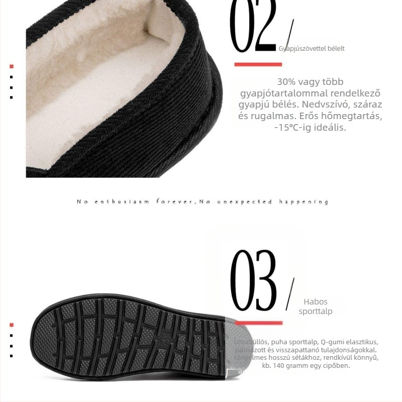 Téli vászoncipő gyapjú-béléssel, kerek orr, műszálas plüss felsőrész, habgumi talp, alacsony sarok, csúszásmentes