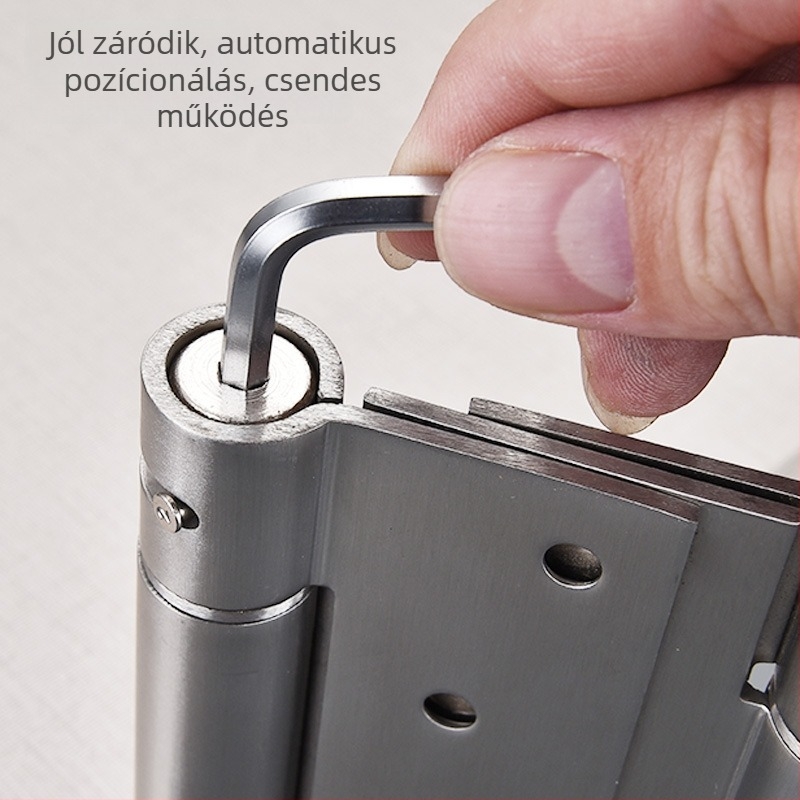 Rugós pánt rozsdamentes acélból, szálcsiszolt felület, kétirányú nyitás, automatikus zárás