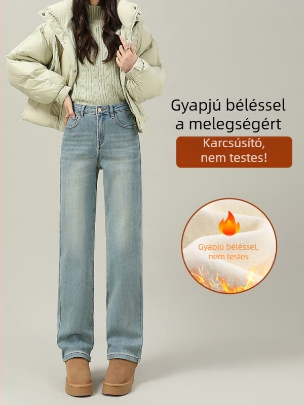 Női egyenes szárú farmer bélelt, 2026-os őszi-téli modell, kisméretű nők számára.
