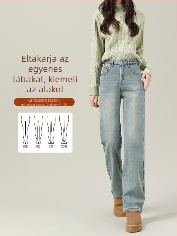 Női egyenes szárú farmer bélelt, 2026-os őszi-téli modell, kisméretű nők számára.