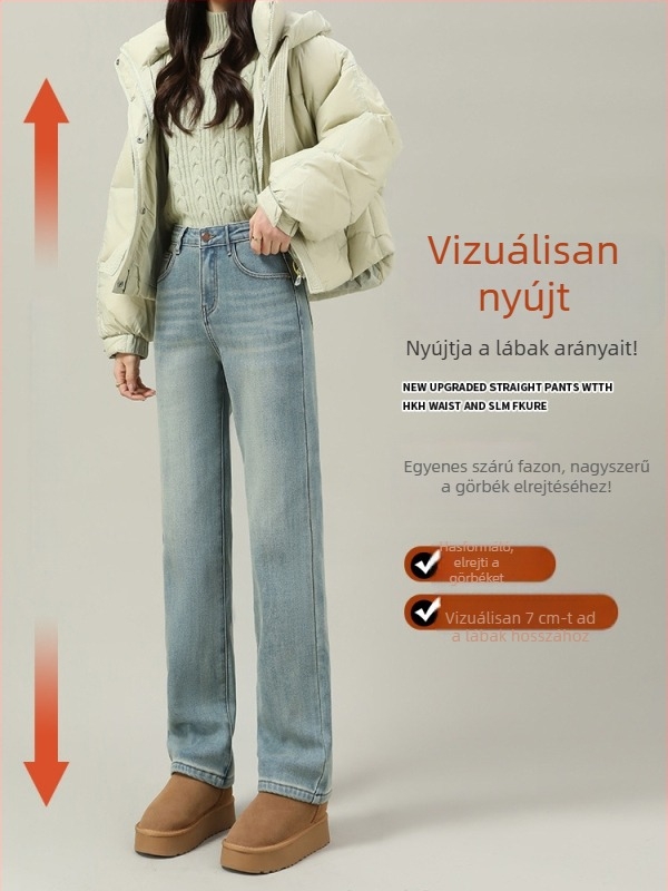 Női egyenes szárú farmer bélelt, 2026-os őszi-téli modell, kisméretű nők számára.