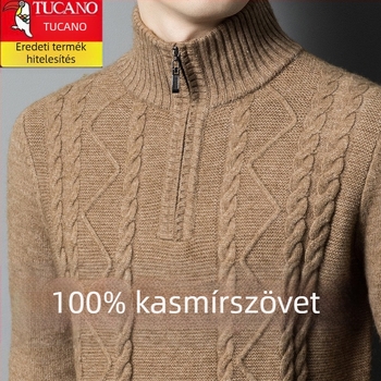 Férfiaknak készült kasmír keverék pulóver fél-zip gallérral, vastag kötött, lazán illeszkedik, gyapjú tartalom 86–90%