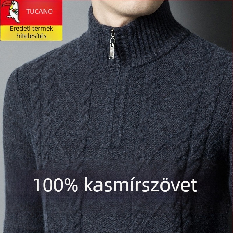 Férfiaknak készült kasmír keverék pulóver fél-zip gallérral, vastag kötött, lazán illeszkedik, gyapjú tartalom 86–90%