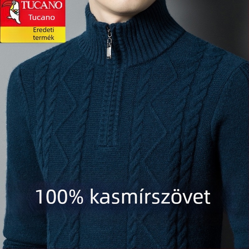 Férfiaknak készült kasmír keverék pulóver fél-zip gallérral, vastag kötött, lazán illeszkedik, gyapjú tartalom 86–90%