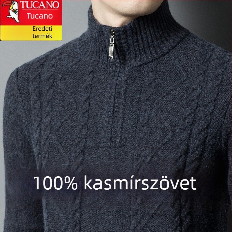 Férfiaknak készült kasmír keverék pulóver fél-zip gallérral, vastag kötött, lazán illeszkedik, gyapjú tartalom 86–90%