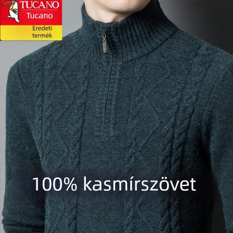 Férfiaknak készült kasmír keverék pulóver fél-zip gallérral, vastag kötött, lazán illeszkedik, gyapjú tartalom 86–90%