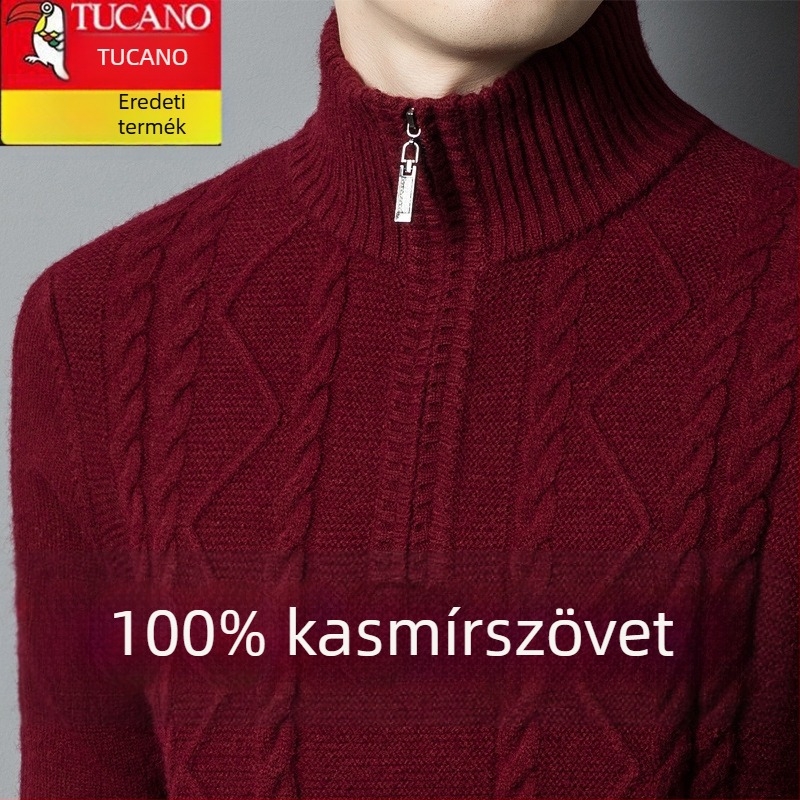 Férfiaknak készült kasmír keverék pulóver fél-zip gallérral, vastag kötött, lazán illeszkedik, gyapjú tartalom 86–90%