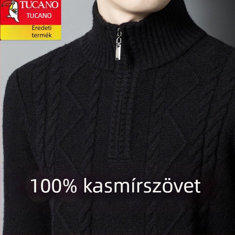 Férfiaknak készült kasmír keverék pulóver fél-zip gallérral, vastag kötött, lazán illeszkedik, gyapjú tartalom 86–90%