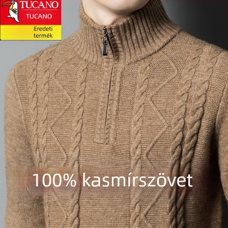 Férfiaknak készült kasmír keverék pulóver fél-zip gallérral, vastag kötött, lazán illeszkedik, gyapjú tartalom 86–90%