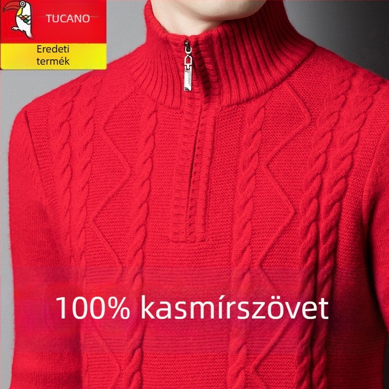 Férfiaknak készült kasmír keverék pulóver fél-zip gallérral, vastag kötött, lazán illeszkedik, gyapjú tartalom 86–90%