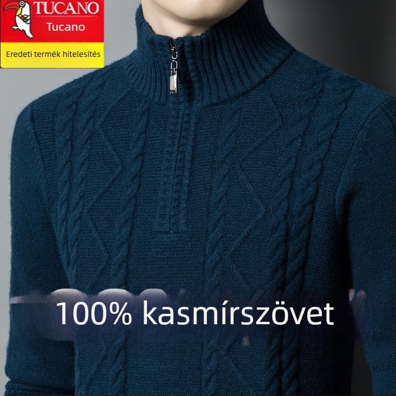 Férfiaknak készült kasmír keverék pulóver fél-zip gallérral, vastag kötött, lazán illeszkedik, gyapjú tartalom 86–90%