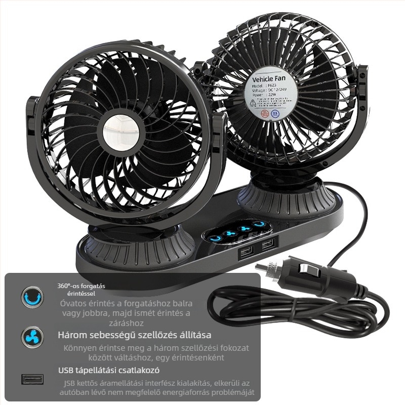 Autó ventilátor | Modell F623U, Teljesítmény 10W, Anyagok: ABS, PP, áramkör-lap, motor
