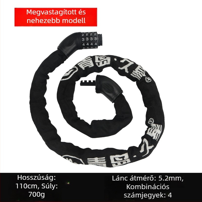 Lánczár kerékpárokhoz és motorkerékpárokhoz anti-lopás védelemmel, teljes rézből készült záróhengerrel, modellek 6608-1, 6610-1, 6612-1, 6615-1