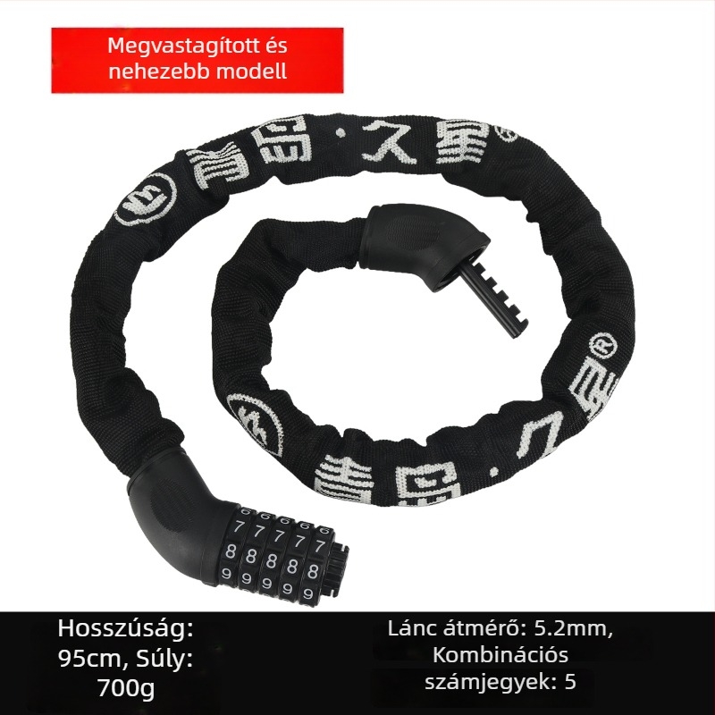 Lánczár kerékpárokhoz és motorkerékpárokhoz anti-lopás védelemmel, teljes rézből készült záróhengerrel, modellek 6608-1, 6610-1, 6612-1, 6615-1