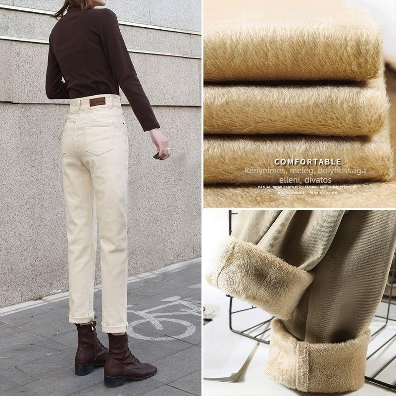 Női fleece-lével bélelt farmernadrág, magas derekú, egyenes szárú, hosszú, vastag denim