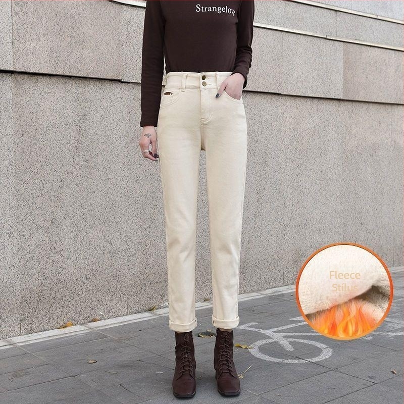 Női fleece-lével bélelt farmernadrág, magas derekú, egyenes szárú, hosszú, vastag denim