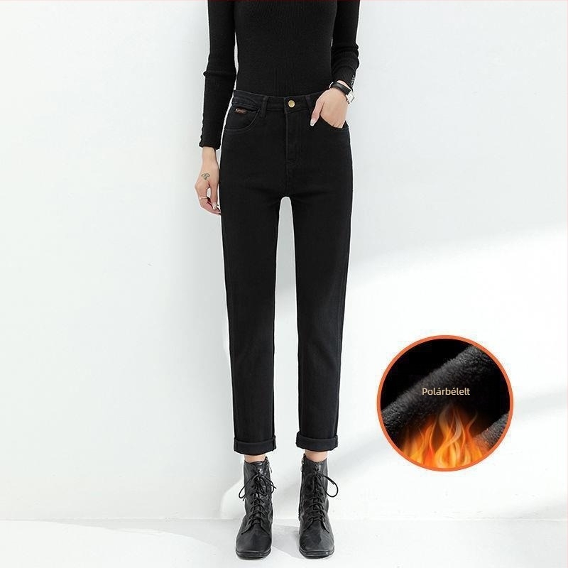 Női fleece-lével bélelt farmernadrág, magas derekú, egyenes szárú, hosszú, vastag denim