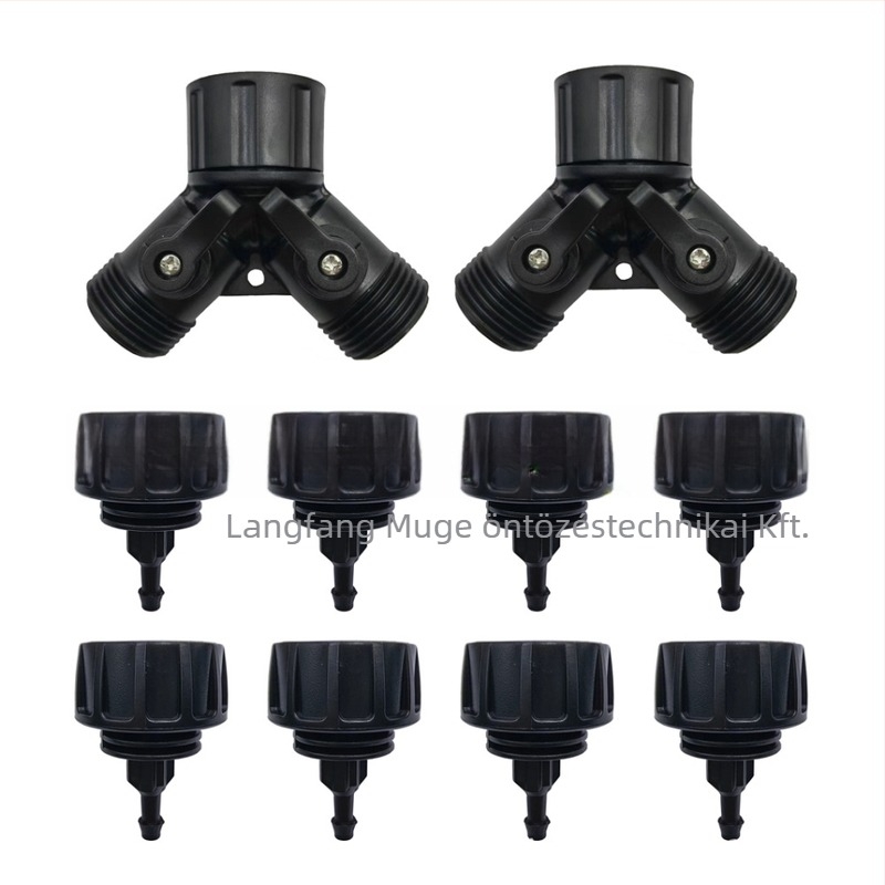 PE vízcső csatlakozó készlet, PE/POM anyagból, T- és hajlító idomokkal, zárócsavaros (nut-lock) biztosítással, házi kertekkel és közterületi zöldfelületekhez