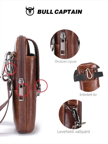 Férfi valódi bőr övtáska, első réteg marhabőr, kopásálló, bélés poliészter-pamut, elfér készülékig 8 hüvelykig