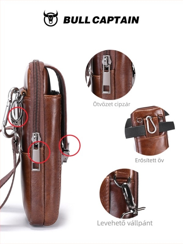 Férfi valódi bőr övtáska, első réteg marhabőr, kopásálló, bélés poliészter-pamut, elfér készülékig 8 hüvelykig