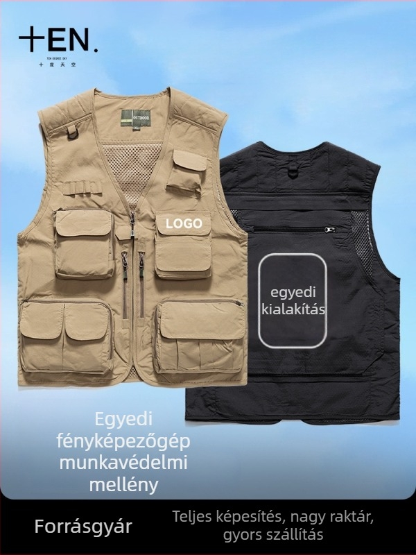 Fényképezéshez készült munkavest egyedi logóval, több zsebbel, háló panelokkal, 100% nylon/poliamid, cipzár, laza szabás, nyár