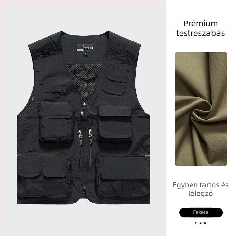 Fényképezéshez készült munkavest egyedi logóval, több zsebbel, háló panelokkal, 100% nylon/poliamid, cipzár, laza szabás, nyár