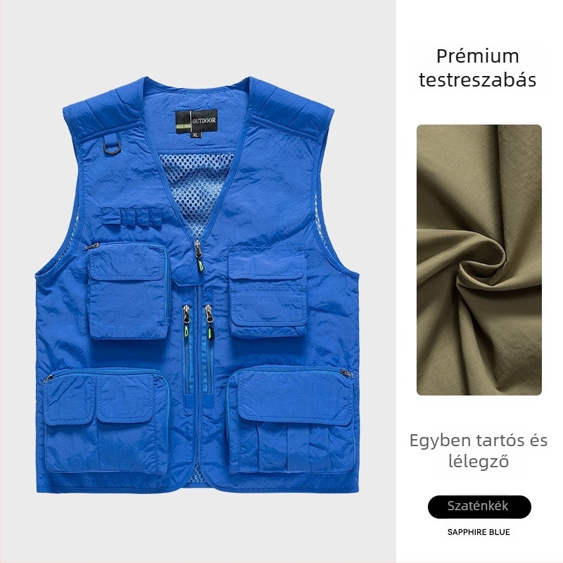 Fényképezéshez készült munkavest egyedi logóval, több zsebbel, háló panelokkal, 100% nylon/poliamid, cipzár, laza szabás, nyár