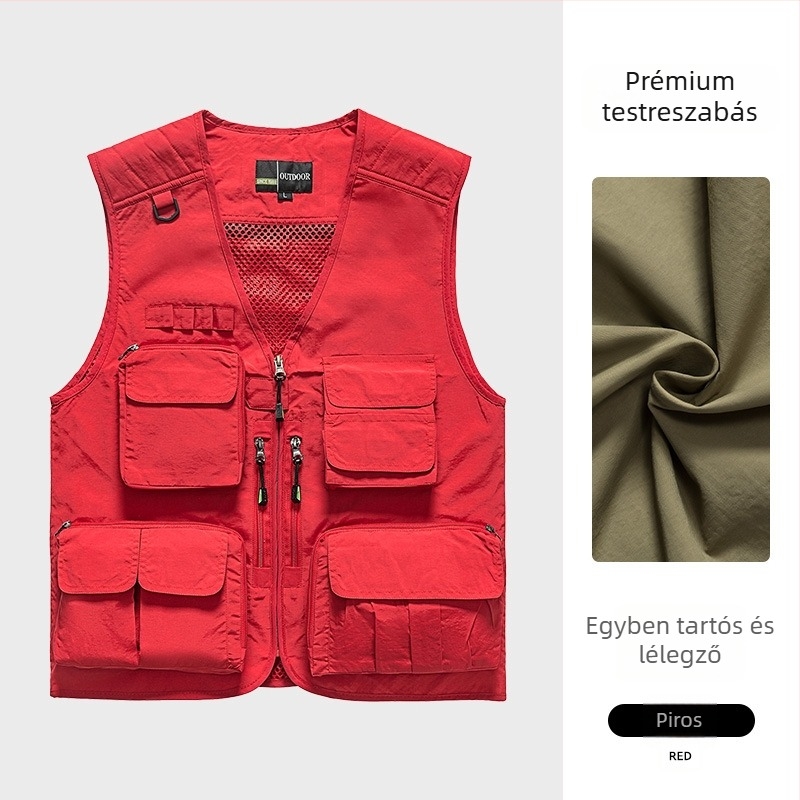 Fényképezéshez készült munkavest egyedi logóval, több zsebbel, háló panelokkal, 100% nylon/poliamid, cipzár, laza szabás, nyár