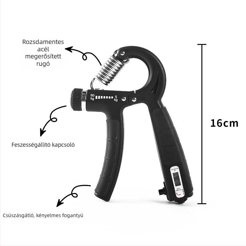 Állítható gumírozott fogás-erősítő, hordozható, ellenállás 5–60 kg, PP+TPE