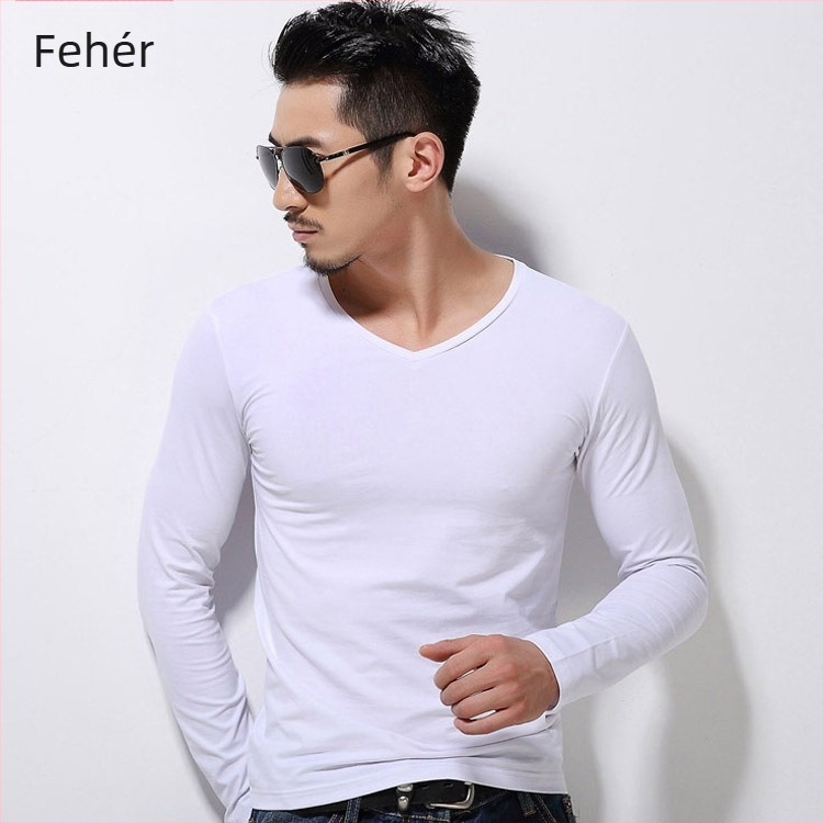 Férfi slim-fit, casual hosszú ujjú póló, poliészter anyag, egyszínű