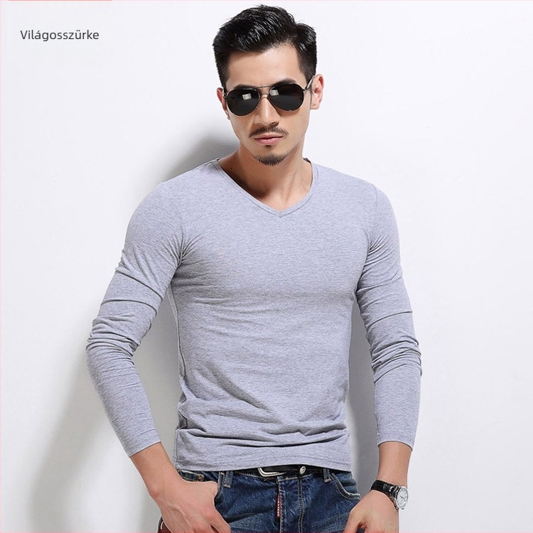 Férfi slim-fit, casual hosszú ujjú póló, poliészter anyag, egyszínű