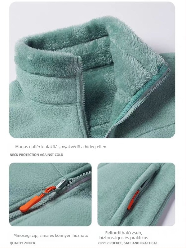 Uniszex polár fleece kabát reverszibil korál fleece bélésével, kardigán stílus, őszi–téli használatra, levehető belső réteg