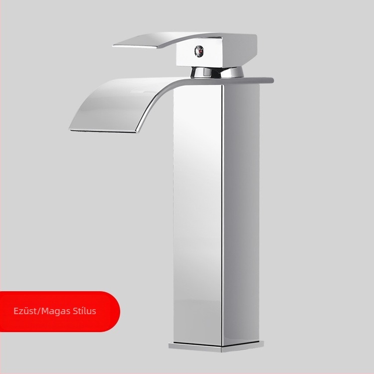 Kétkaros rozsdamentes acél mosdókeverő csaptelep kerámiás cartridge szeleppel, emelő működés, elektroplatált felület, forró és hideg víz