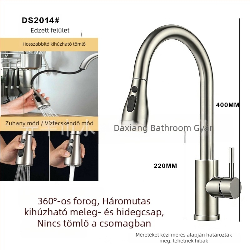 304 rozsdamentes acél konyhai kihúzható csaptele, meleg és hideg víz, forgatható kifolyó, modell A-102, bemenet 1/2in