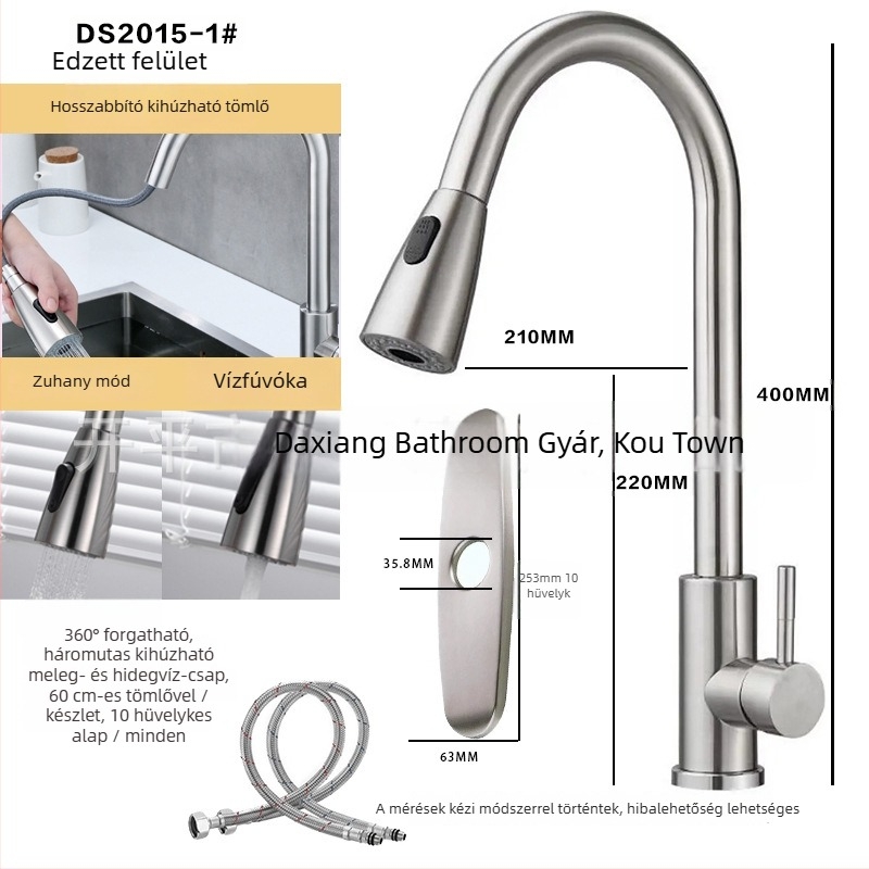 304 rozsdamentes acél konyhai kihúzható csaptele, meleg és hideg víz, forgatható kifolyó, modell A-102, bemenet 1/2in