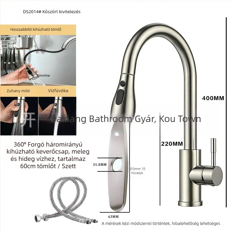 304 rozsdamentes acél konyhai kihúzható csaptele, meleg és hideg víz, forgatható kifolyó, modell A-102, bemenet 1/2in