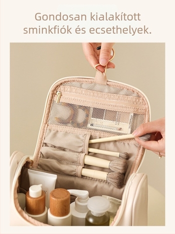 Kozmetikai táska nagy kapacitással, vízálló és antibakteriális, bővíthető, utazási akasztóval