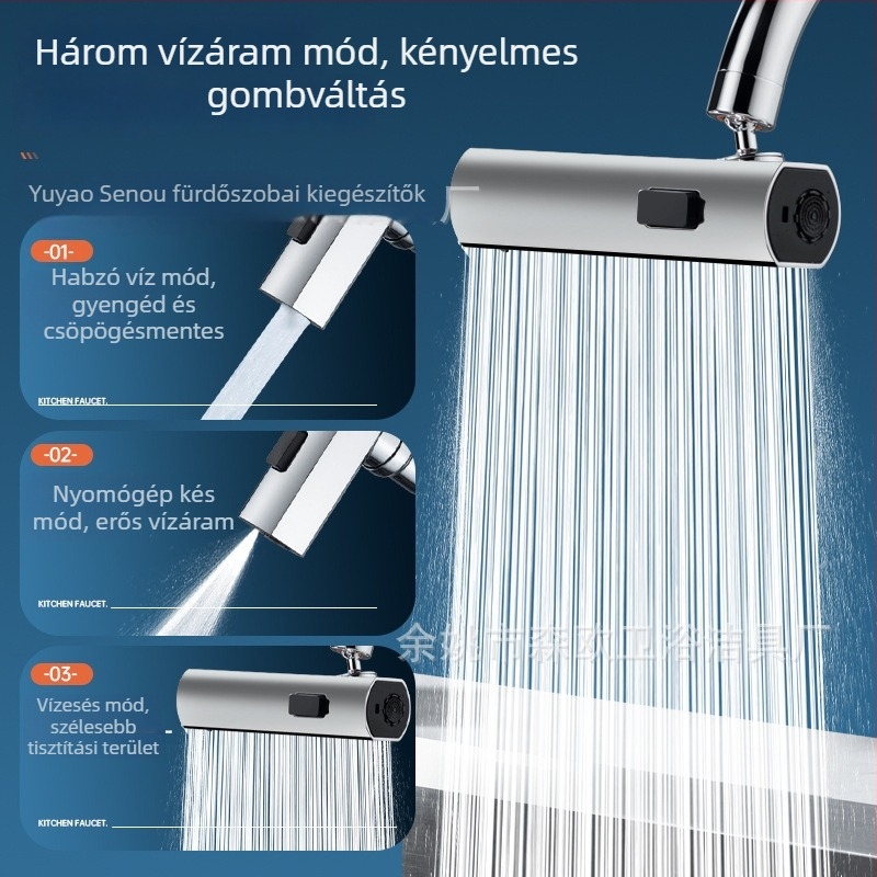 Konyhai csaptele vízesés stílusú, univerzális forgó kiterjesztéssel — Modell Flying Feather; Anyag: ötvözet + ABS test; Felület: elektroplating; Szerelés: menetes; Működési hőmérséklet: 100