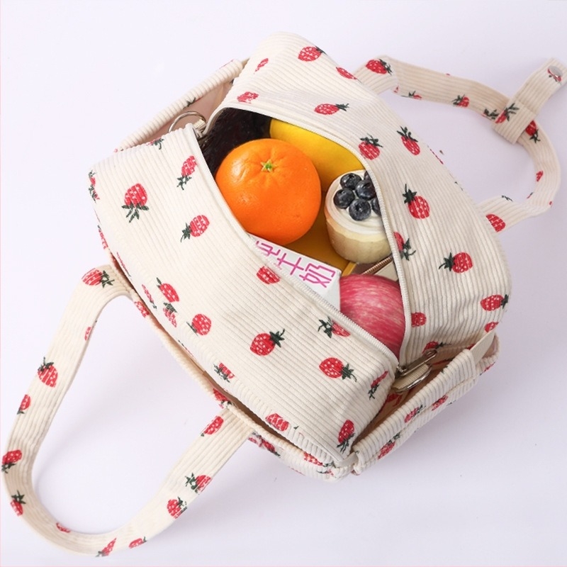 Hőszigetelt ebédtáska, nagy kocka alakú, Corduroy Strawberry mintás, poliészter, utazáshoz