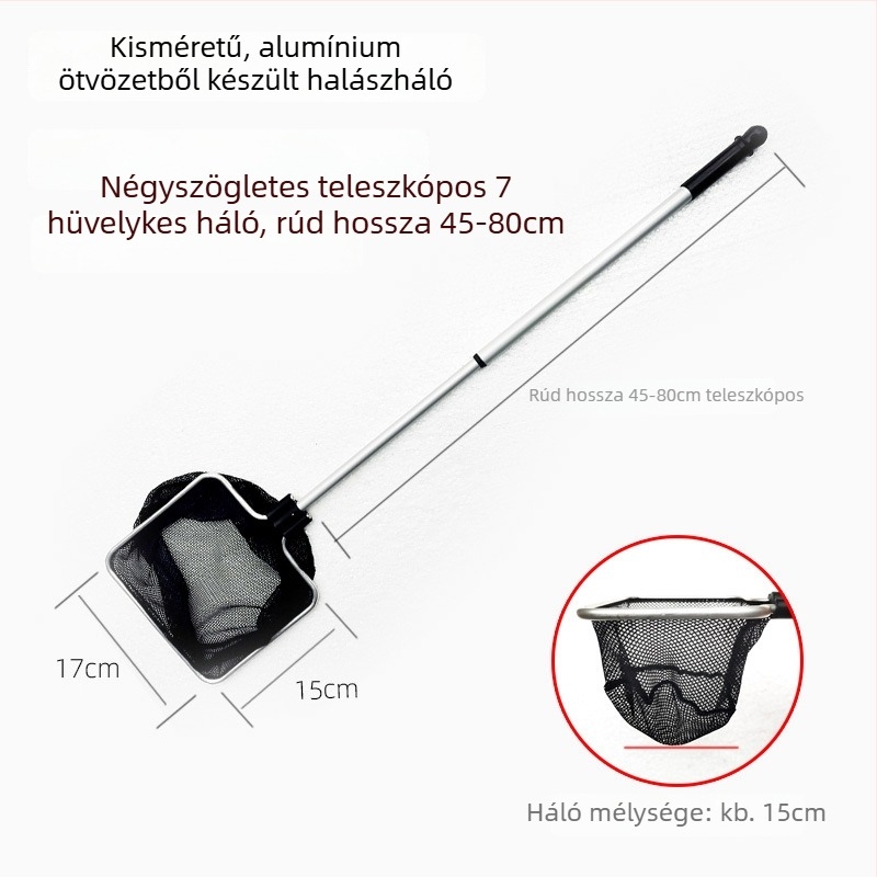 Akváriumi teleszkópos háló alumínium ötvözet rúd és poliészter hálóval, 500 g, akváriumi felszerelés