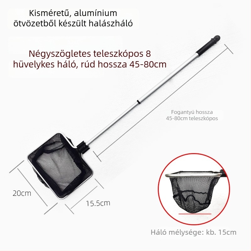 Akváriumi teleszkópos háló alumínium ötvözet rúd és poliészter hálóval, 500 g, akváriumi felszerelés