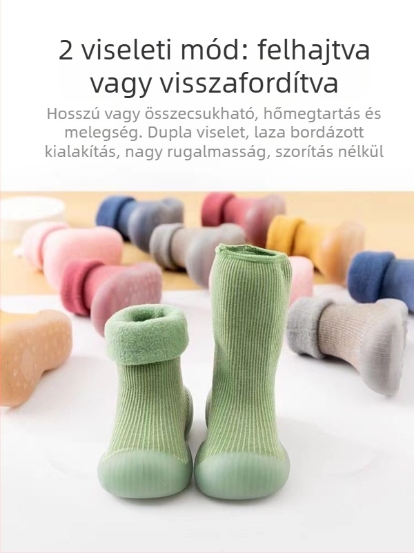 Baba járásra tervezett cipő ősz–télre, vastag meleg puha talppal, csúszásmentes, magas felső, szett pamut zoknikkal a padlóra