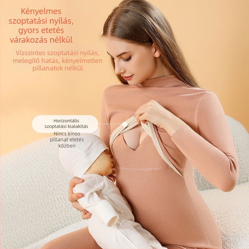 Anyasági melegítő pizsama szett, bolyhos belsővel, varrat nélküli szoptatáshoz, hosszú ujjak, vast poliészter, ősz–tél